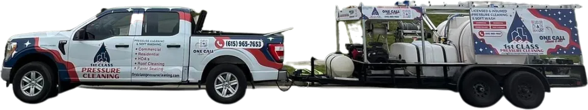 Wrapped 1st Class Pressure Cleaning F-150 towing the soft wash trailer